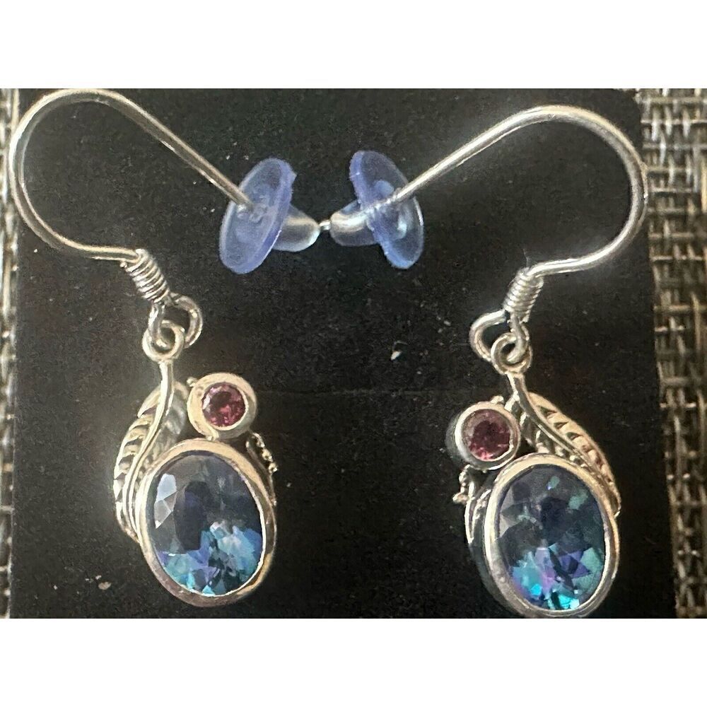 925 Sterling Silver Blue Petalite & Garnet Drop Earrings - Picture 1 of 4